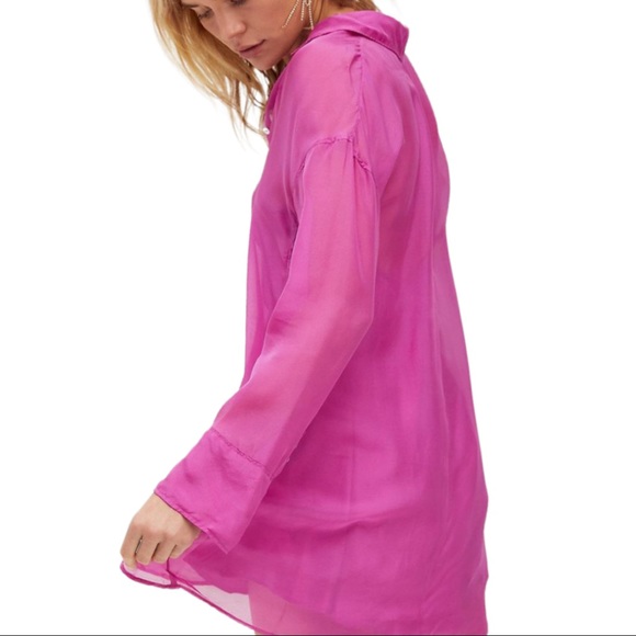 Free People Renata XS, S, M, XL 100% Silk Pink Fuchsia Button Front Tunic Top - Picture 6 of 6